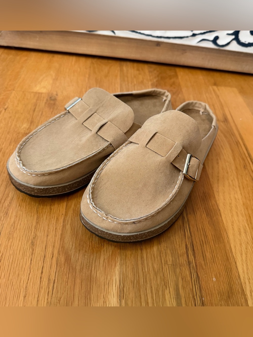 Beige Buckle Clog Lightweight Slip On Faux Leather Flat Shoes NEW Womens 7.5 ?